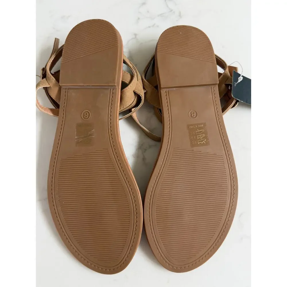 COLGO Women’s T-Strap Flat Sandals Tan Size 8 New With Tags
